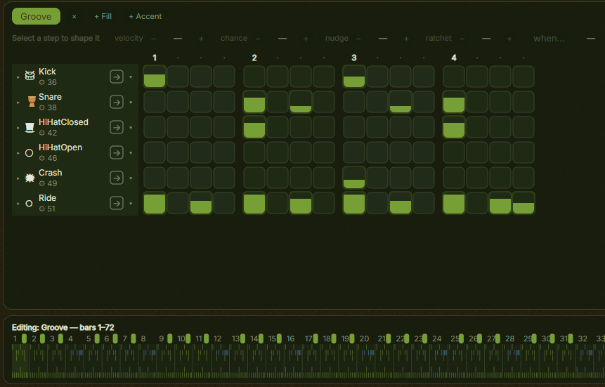 The drum step editor, with kick, snare and hi-hat rows filled in across one
bar