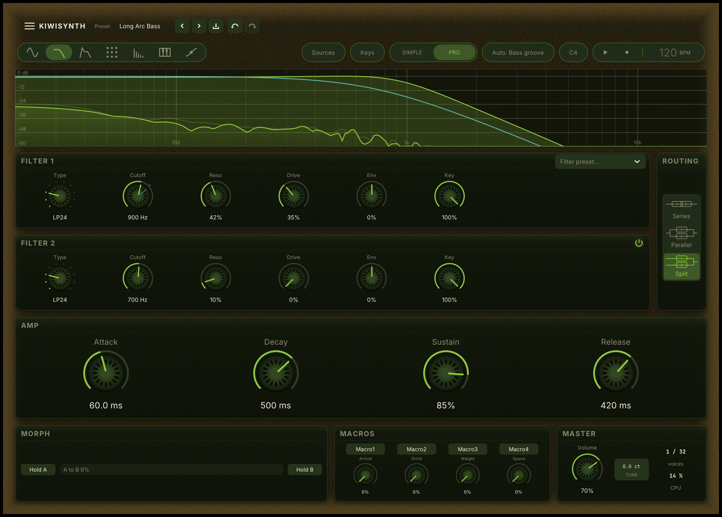 The Filter & Amp page: the response curve over the live spectrum, Filter 1 and Filter 2 with the routing selector beside them, and the Amp card with Attack, Decay, Sustain and Release