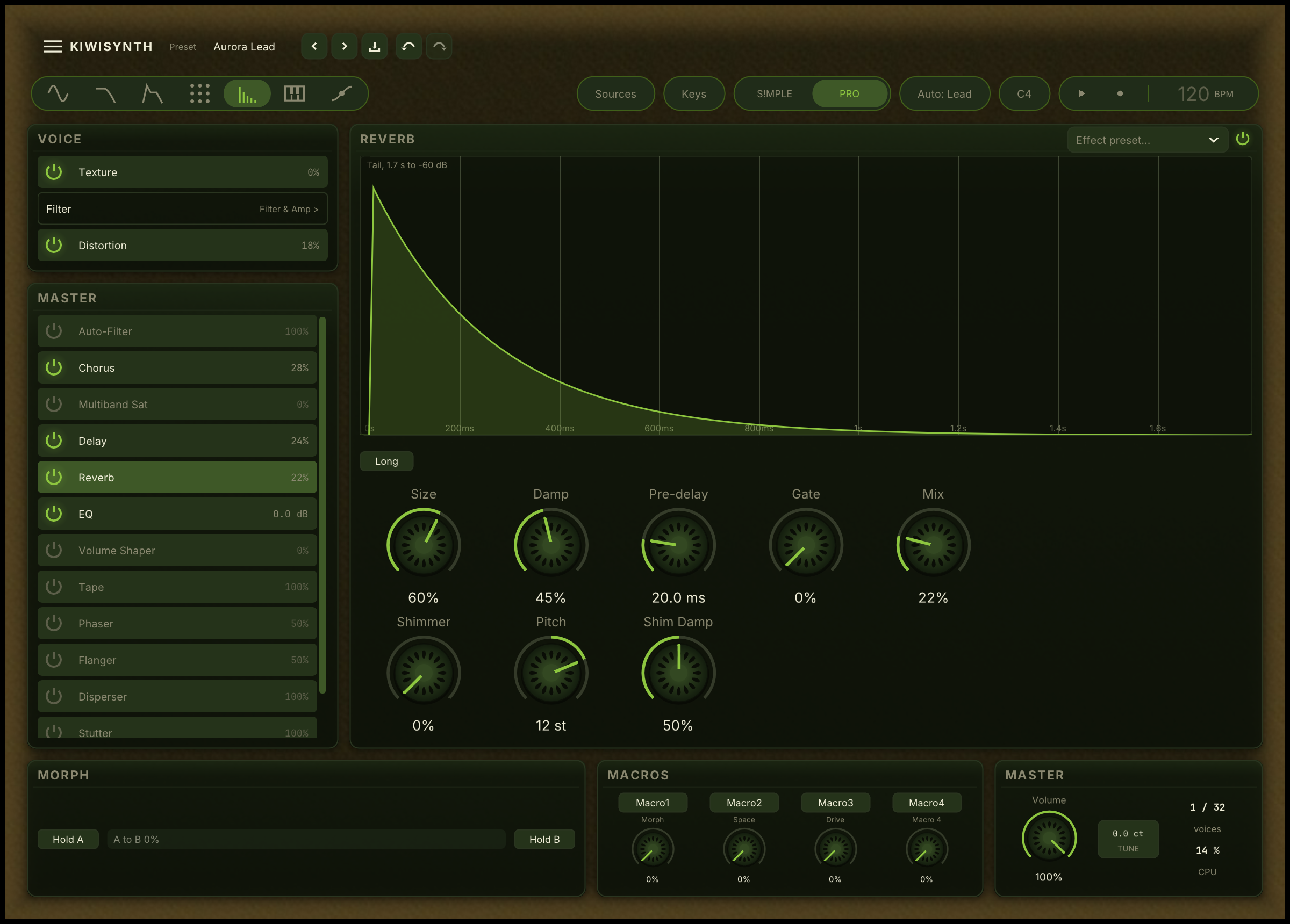 The Effects page: the rack with the Voice and Master cards in processing order, each effect with its power and amount, and the selected effect, Reverb, with its picture and controls on the right