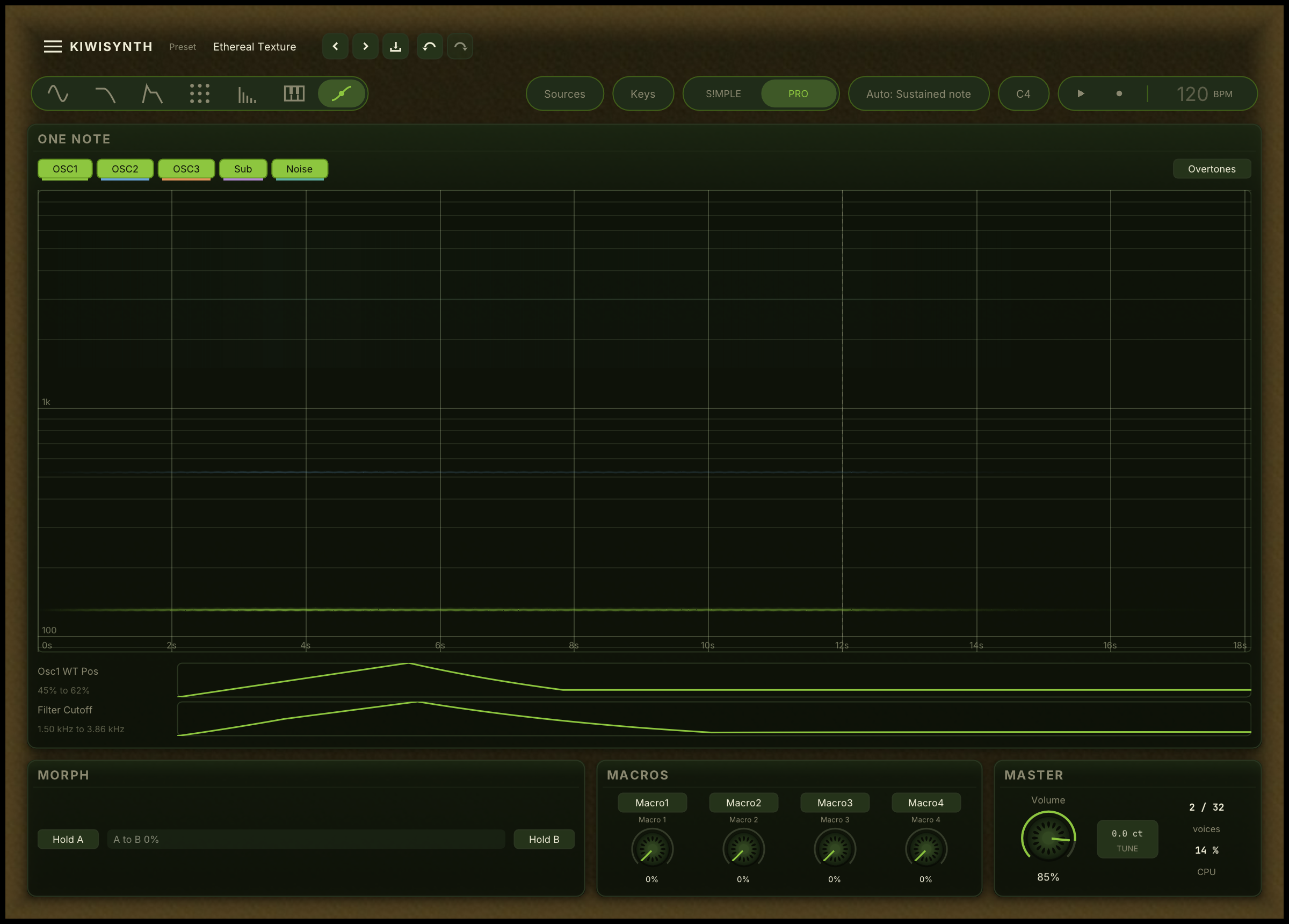 The Motion page on one held note: the OSC1, OSC2, OSC3, Sub and Noise buttons and Overtones above a time axis, the sources drawn as faint lines, and the Osc1 WT Pos and Filter Cutoff lanes below, each rising to a peak and settling