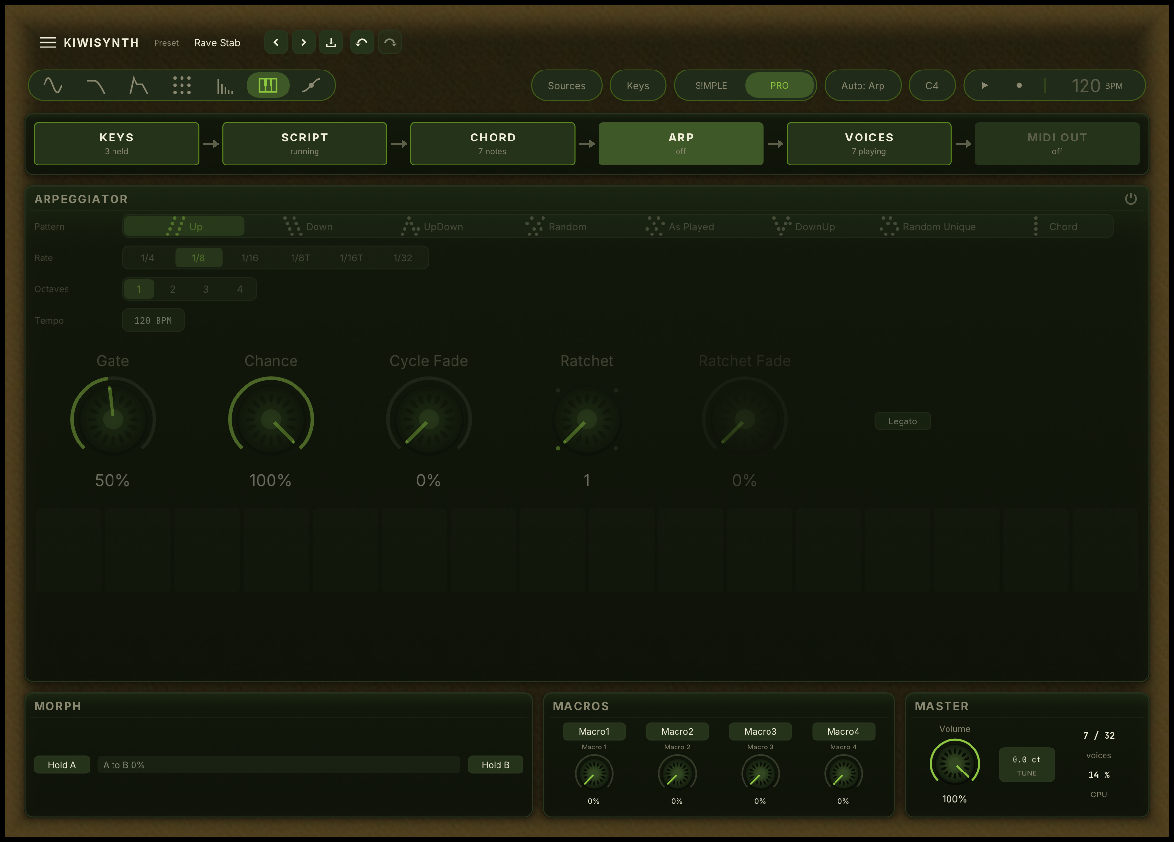 The pipeline strip with a chord held: Keys with 3 held, Script running, Chord with 7 notes, Arp off, Voices with 7 playing and MIDI Out off, above the Arp page