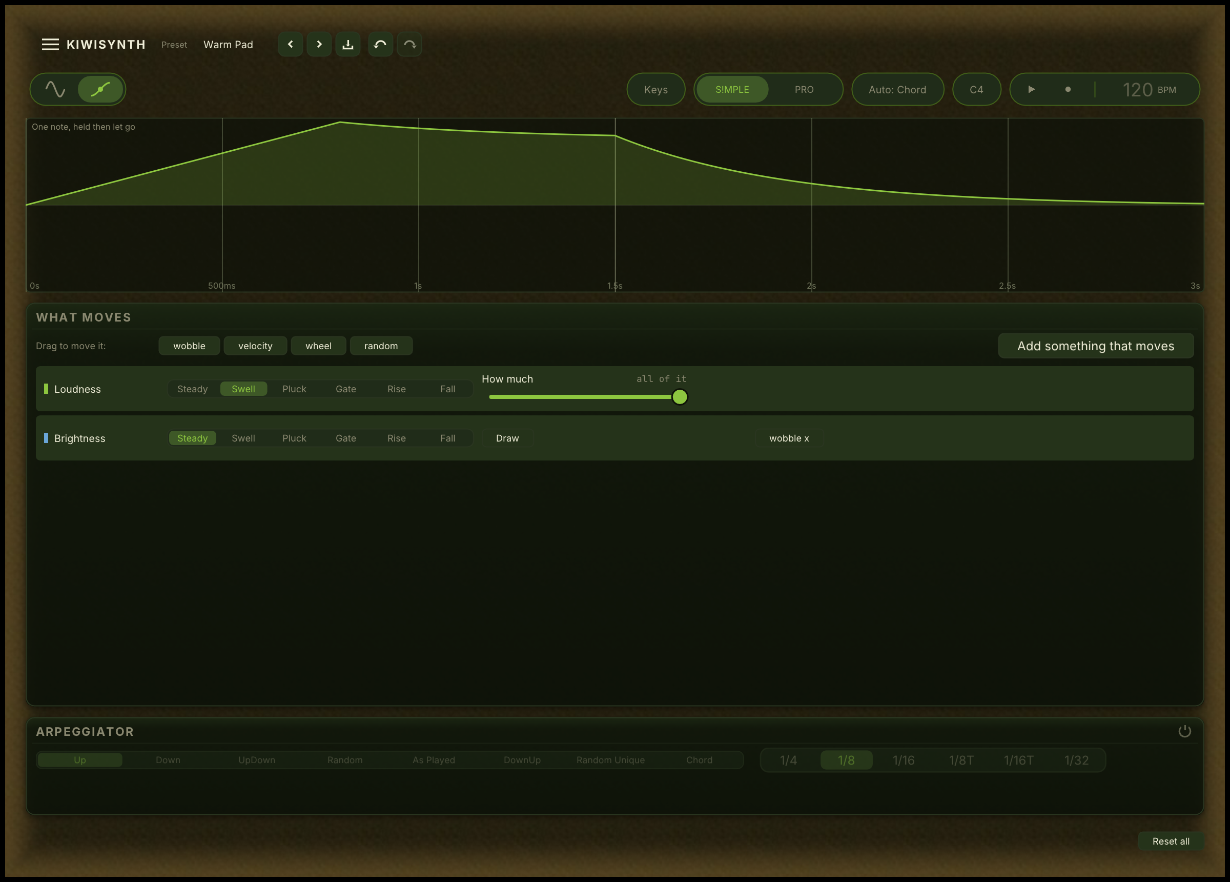 The Motion page: one note held then let go, drawn on a time axis, the What moves rows below it, and the arpeggiator strip