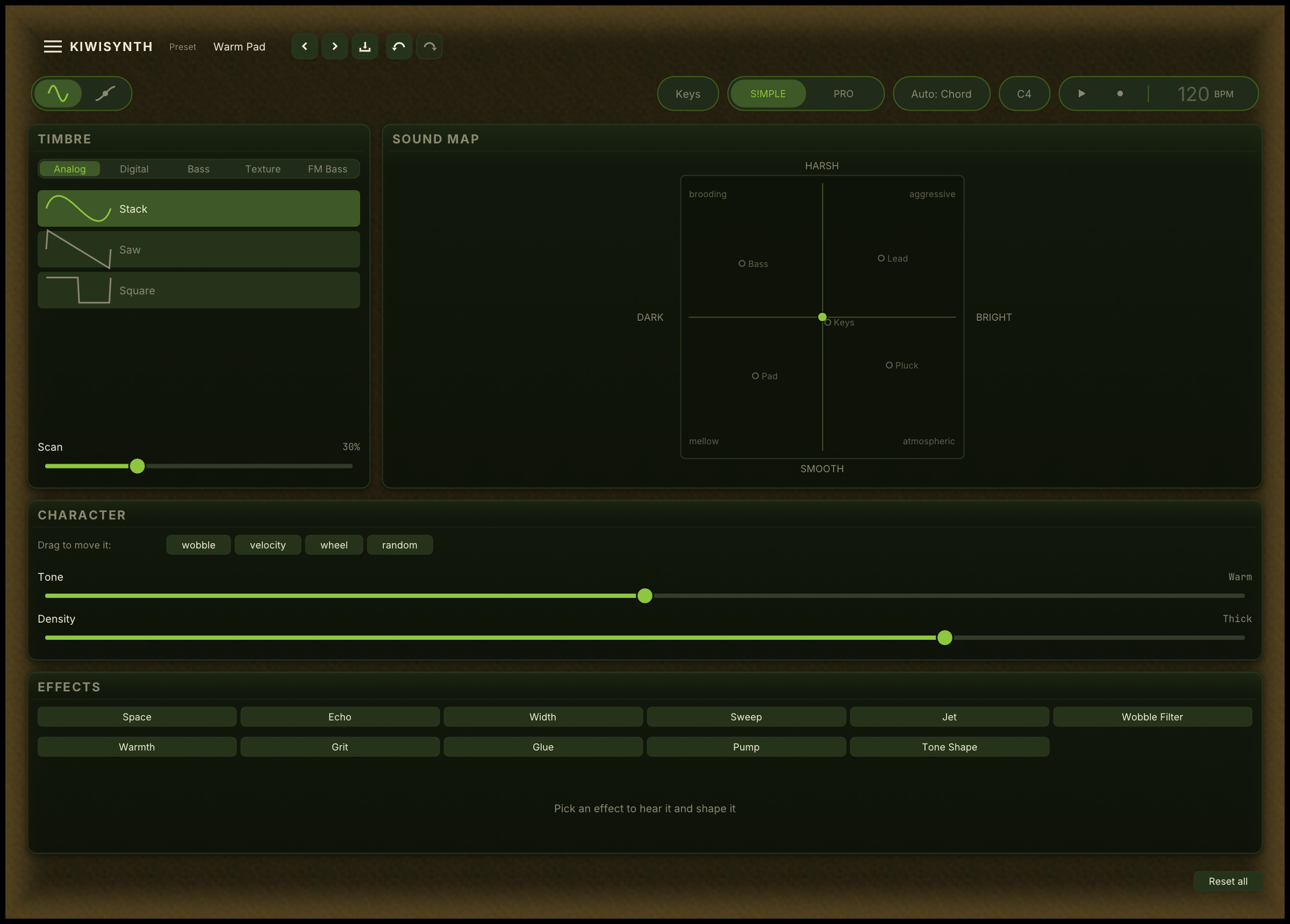 The Sound page: Timbre with its family tabs and Scan, the Sound Map, Character with Tone and Density, and the Effects chips